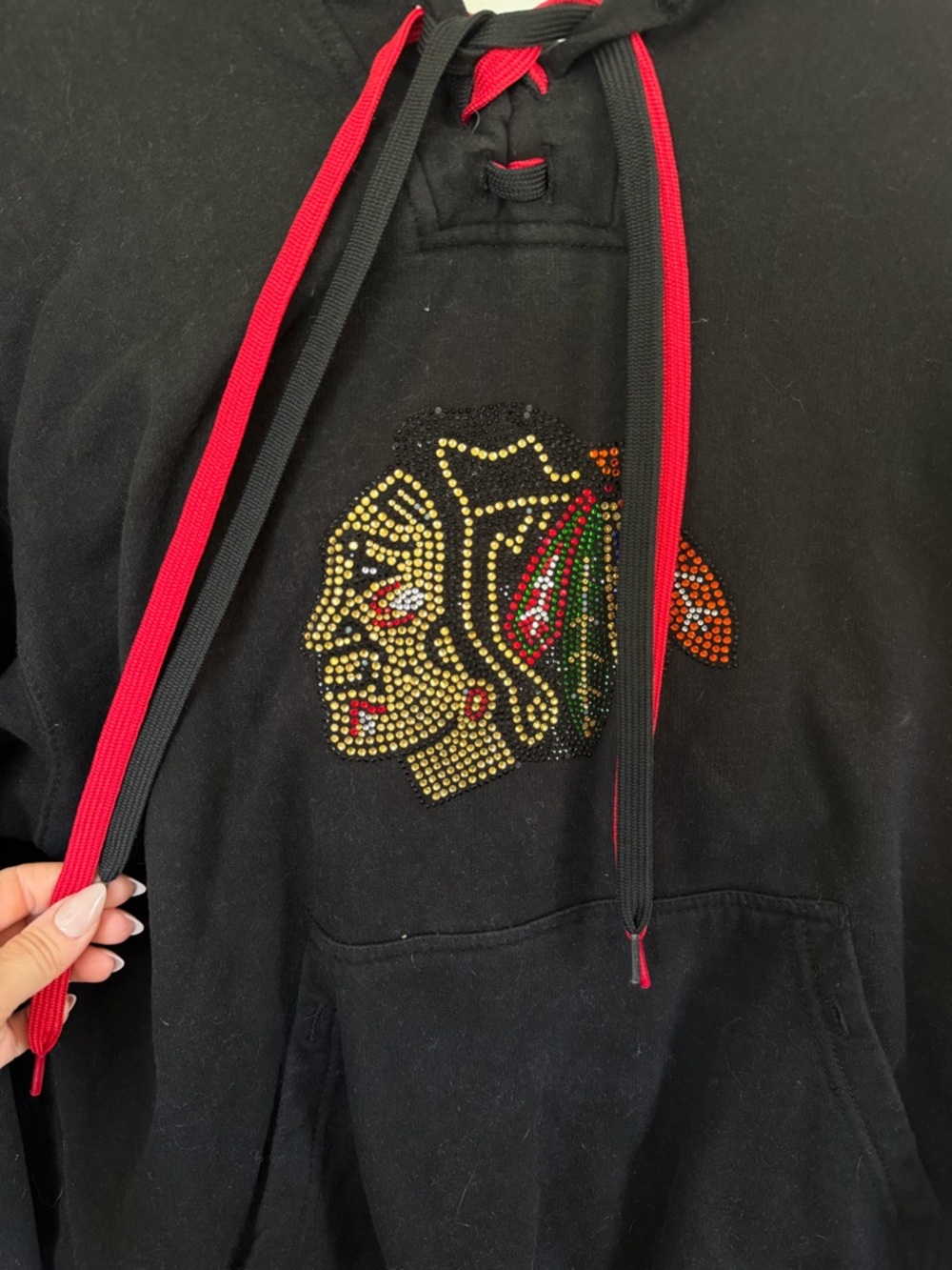Black Rhinestone Embellished Hooded Sweatshirt with Red Trim